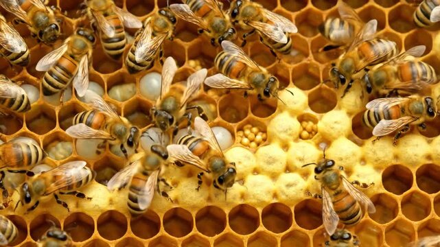 Close-up of Bees on honeycomb with honey, beekeeping and apiculture concept.
