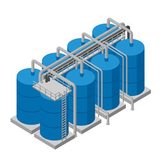 Isometric illustration of a large industrial complex featuring multiple interconnected blue storage silos with piping and access platforms. © Sapi