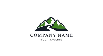 Company logo with mountain range and road.