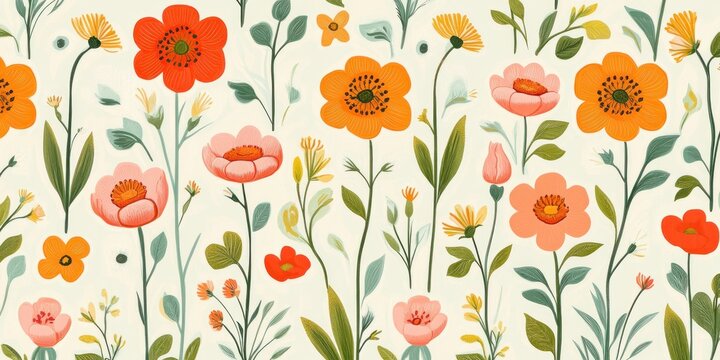 cheerful hand-drawn wildflower pattern with orange, coral and pink poppies, yellow daisies and green leaves on a soft cream background