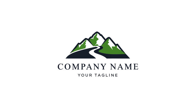 Company logo with mountain range and road.