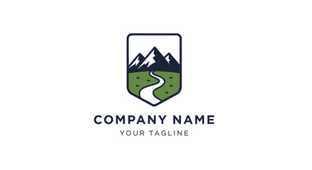 Company logo with mountain landscape.