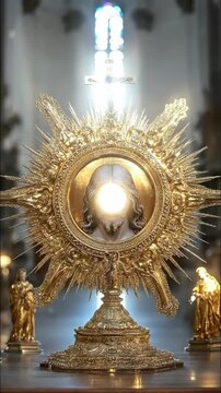 Corpus Christi. The Sacred Heart of Jesus displayed in a radiant golden monstrance, with divine light streaming from the sanctuary.