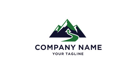 Company logo with mountain and river graphic.