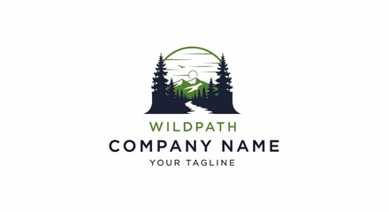 Logo design with mountain and trees.