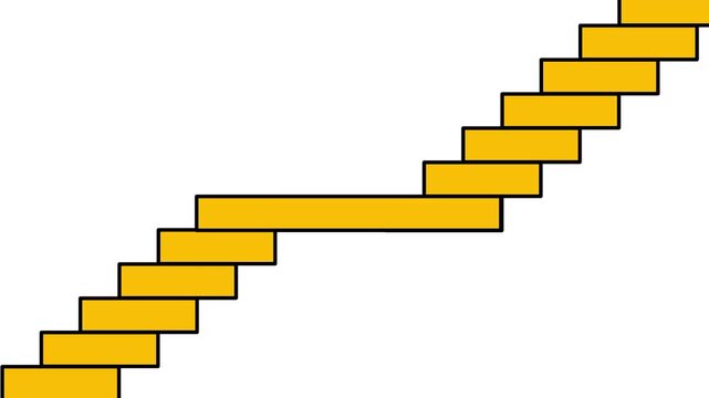 Long golden stairs stretch across the frame starting from the bottom left and rising steadily toward the top right corner against a white backdrop