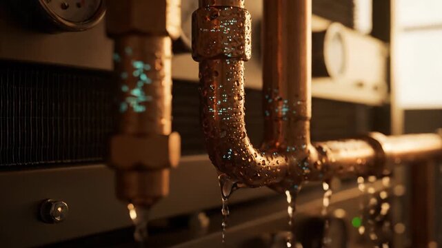 Leaking Copper Pipes: Water droplets drip from plumbing, showing gauges and machinery, a visual concept of plumbing issues.