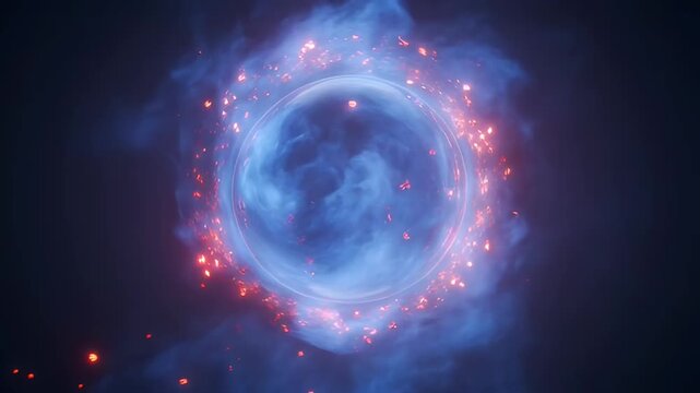 Mystical blue energy orb with fiery particles floating in a dark void