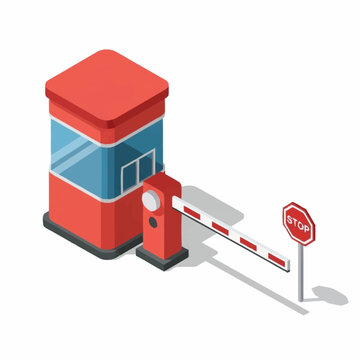 Isometric illustration of a red and blue security booth with a barrier arm and stop sign, representing access control and traffic management.