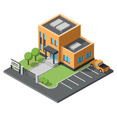 Fototapeta premium Isometric view of a modern orange building with a parking lot and a car, representing a commercial or educational facility.
