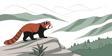 A red panda standing on a rocky outcrop Vector © ADOBE