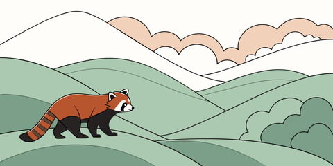 A red panda walking on a green hill Vector © ADOBE