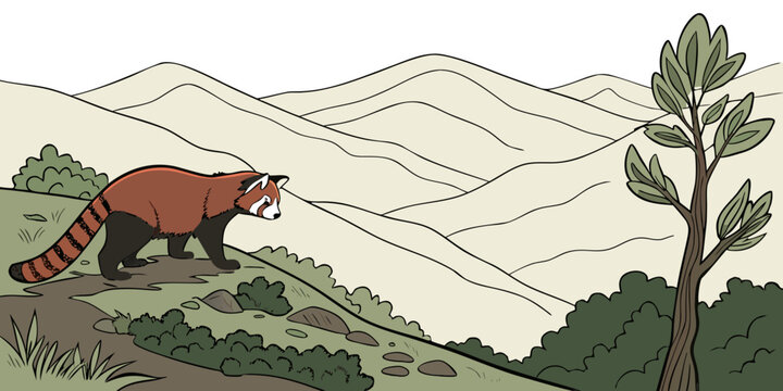 A red panda walks on a grassy hill Vector