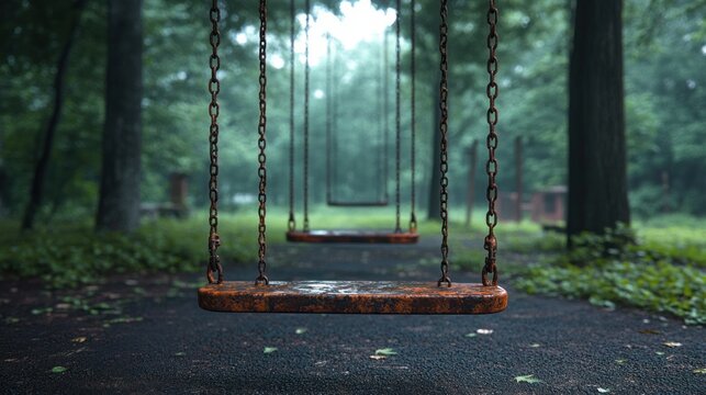 Close-up of rusty empty swings hanging by chains in a quiet, misty forest playground evoking a sense of calm and solitude