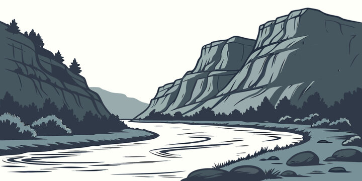 A river flowing through a mountainous landscape Vector
