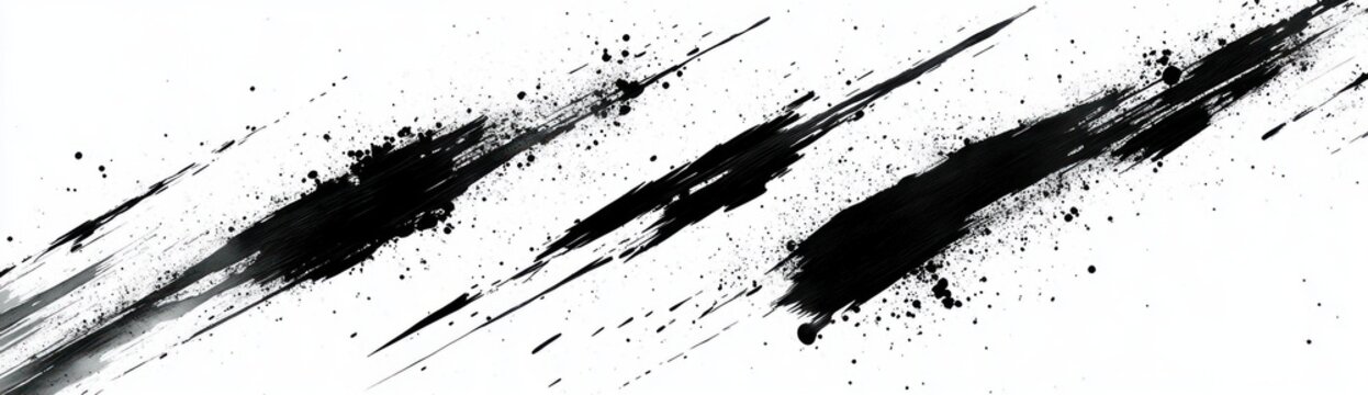 Dynamic diagonal black ink brush strokes and splatters on a white background conveying motion and raw energy