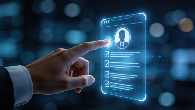 Finger touching digital profile interface with checklist items,online recruitment and identity verification technology concept in futuristic blue environment