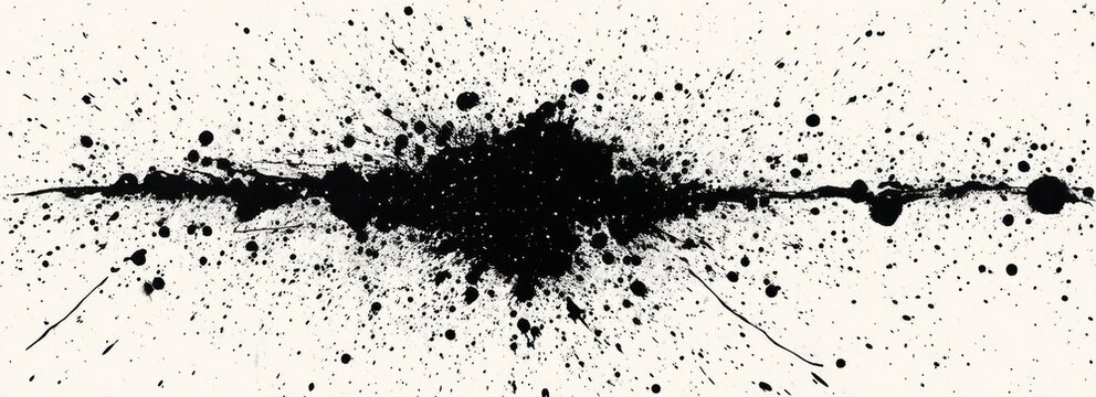 Abstract black ink splatter with a dense central blot and radiating drops on a white background creating a dramatic and chaotic visual effect