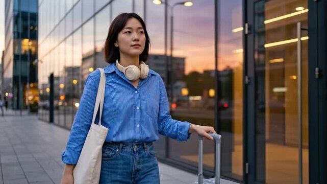 Confident young Asian woman with suitcase and headphones walking in modern city at sunset. Urban travel and business lifestyle.