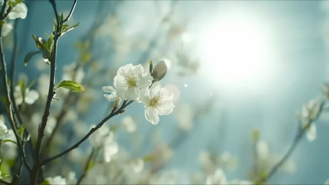 Delicate white blossoms herald the vernal equinox, bathed in soft, ethereal morning light, signifying nature's gentle awakening and the fresh promise of springtime