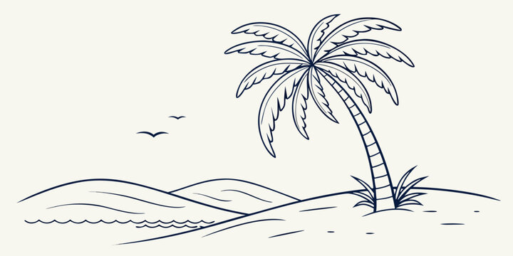 A palm tree on a sandy beach with birds flying overhead Vector