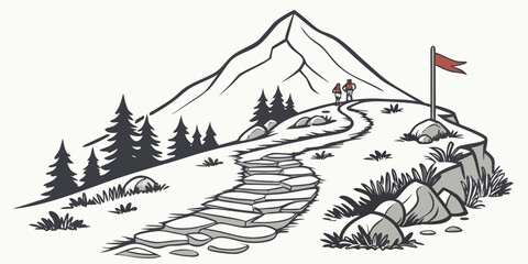 Obraz premium Hiker on a mountain with a flag on a cliff Vector