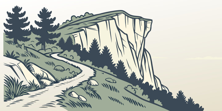 A cliff with a road and trees on the side Vector