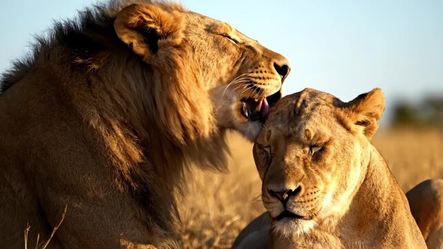 Majestic Lion with Lioness resting together in African Landscape at daytime.