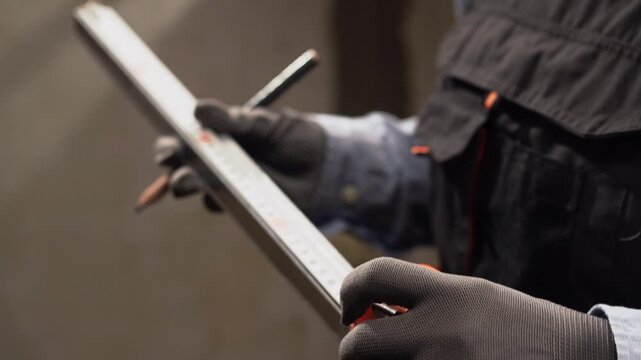 Female hands measuring length pressing a metal tape measure on textured metal profile