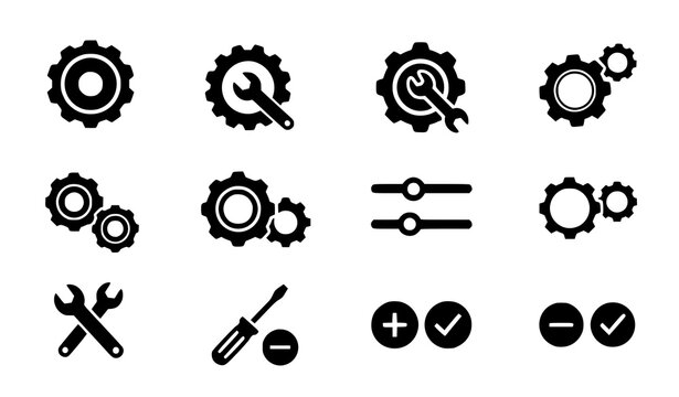 Grid gear icon collection solid glyph settings and functions vector