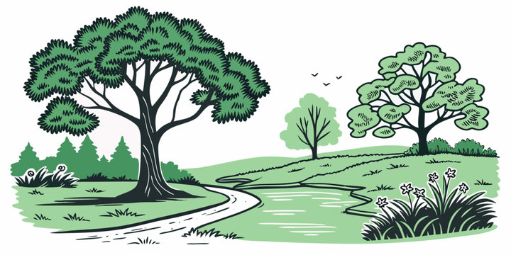 A serene landscape with trees and a winding path Vector