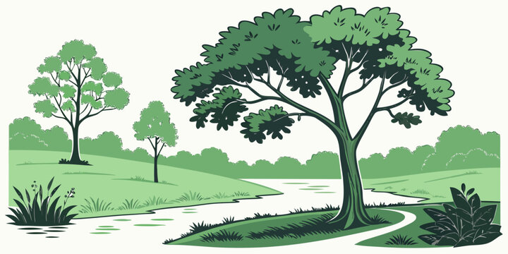 A serene landscape with a large tree and a winding path Vector