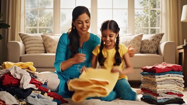 Mother And Daughter Teamwork. Family Laundry Time Bonding Activity. Sunlit Living Room With Happy Family Folding Clothes. Joyful Mother Assisting Child With Laundry In Bright Home Setting