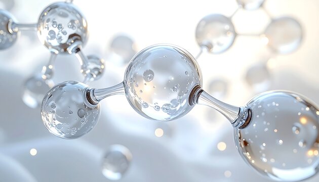 Close-up illustration of interconnected, transparent spheres depicting a molecular structure, with a soft, blurred background