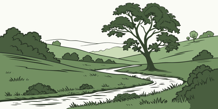 A serene landscape with a river flowing through a green valley Vector