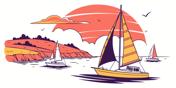 A sailboat on the water with a sunset in the background Vector