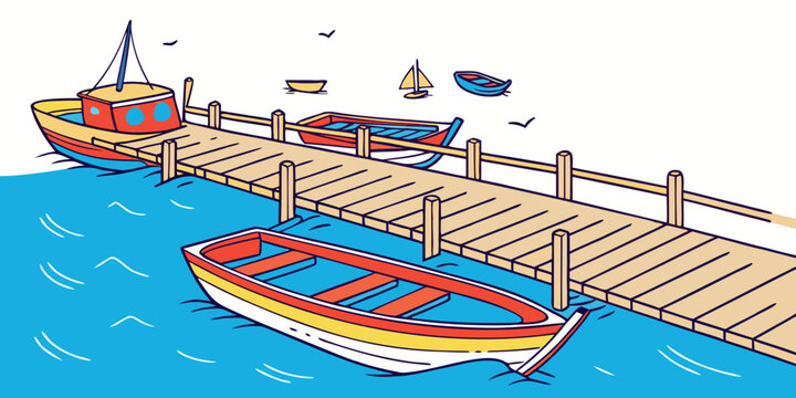 A small red and yellow boat sitting on a dock Vector