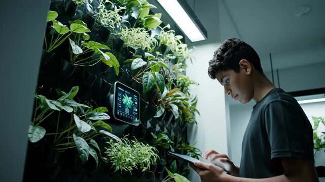 Teen using tablet for plant monitoring in vertical garden indoor environment. Plants, technology, indoor, tablet, garden, teen, monitoring.