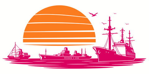 Ships sailing towards the sunset on the ocean Vector © ADOBE