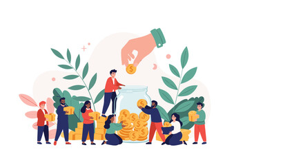 Fototapeta premium Group of tiny people working together to fill a large glass jar with gold coins illustrating the concept of community savings and donation.