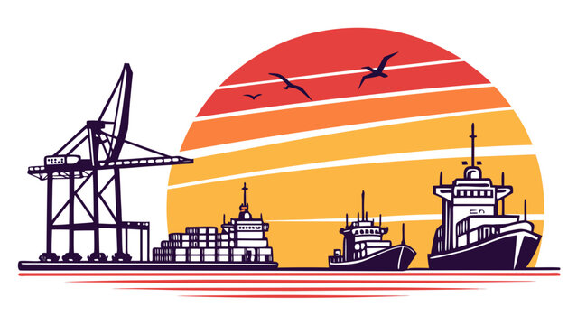 Ships and cranes are docked at a port during sunset Vector