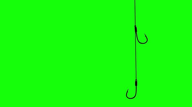 A green screen animation of a moving fishing hook being lowered into the water. The concept of catching fish in the ocean with multiple hooks on a single line.