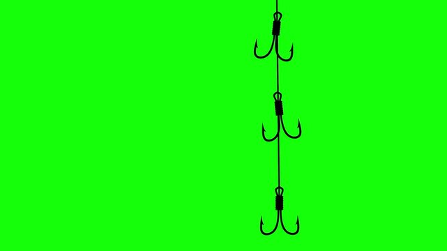 Animation of a fishing hook moving on a green screen. Animation of catching a fish. A fishing hook with many hooks lowered is black.
