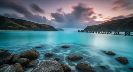 Coastal Landscape Ocean View and Sunset Glow a weathered pier extending into turquoise waters under dramatic clouds Serene seascape long exposure photography and tranquil coastal scene with rocky