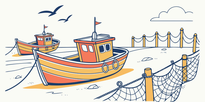 A small fishing boat sitting on the shore by the sea Vector