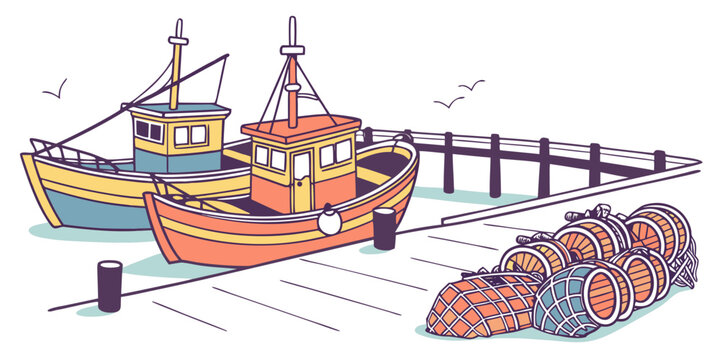 Two fishing boats and a pile of lobster traps by the dock Vector