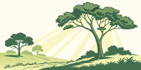 A tree on a hill with sun rays shining through its leaves Vector © ADOBE