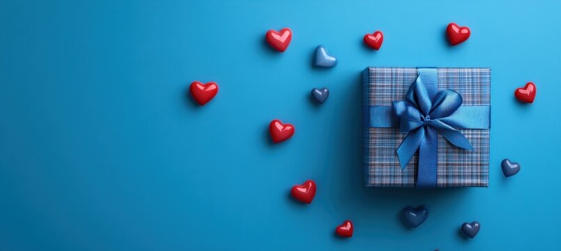 blue plaid gift box with satin ribbon and bow surrounded by scattered red and blue heart shapes on bright blue background, cheerful romantic celebration mood