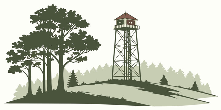 A water tower with a red roof on a hill near trees Vector