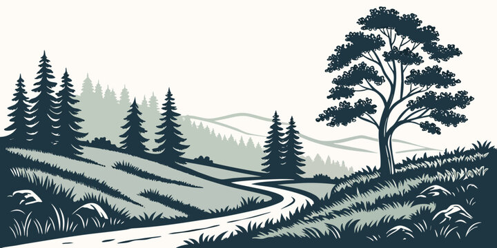 A tree on a hill with a winding path Vector